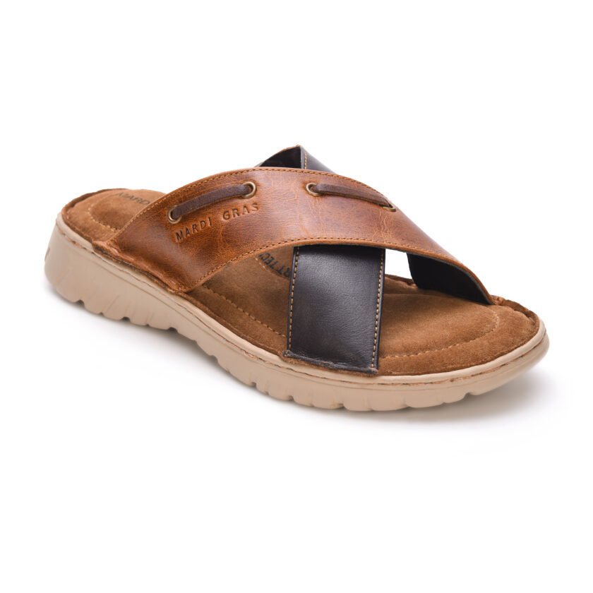 MARDI GRAS Men's Leather Thong Sandals, Cushioned Insole Slippers, Comfortable Chappal (Tan/D.Brown, UK Footwear Size System, Adult, Men )