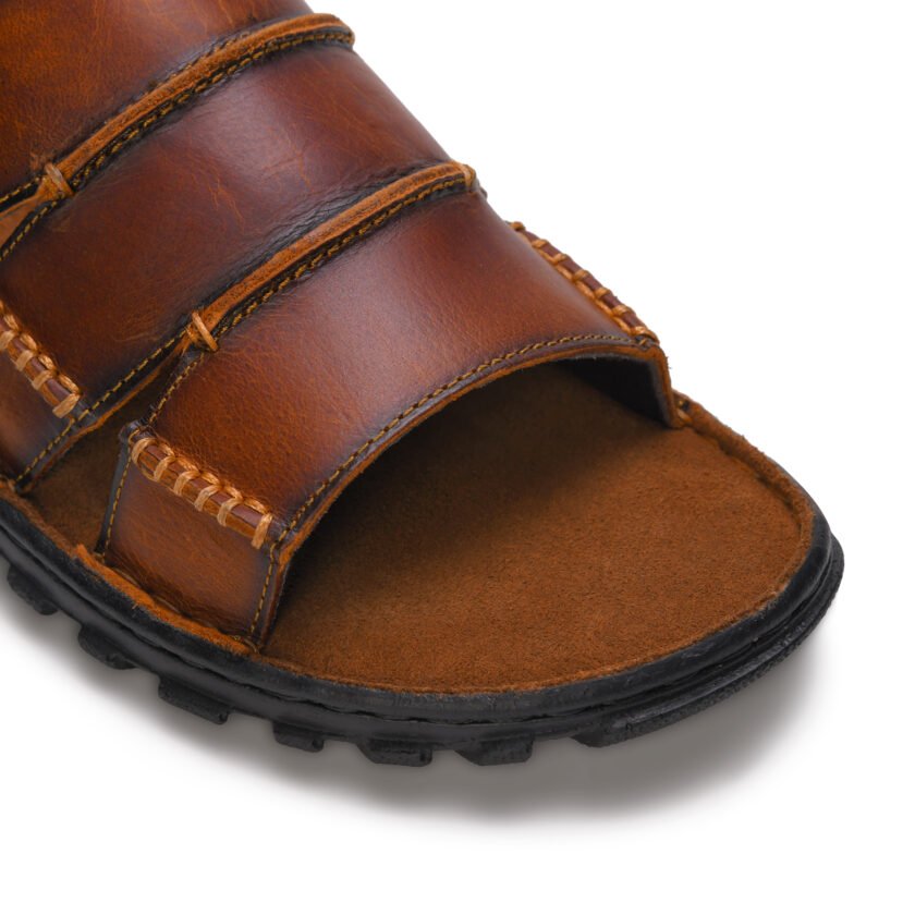 Men's Brown Leather Sandals, Comfort Slip-On Chappals with Multi-Strap Design (Tan, 10, UK Footwear Size System, Adult, Men) - Image 6